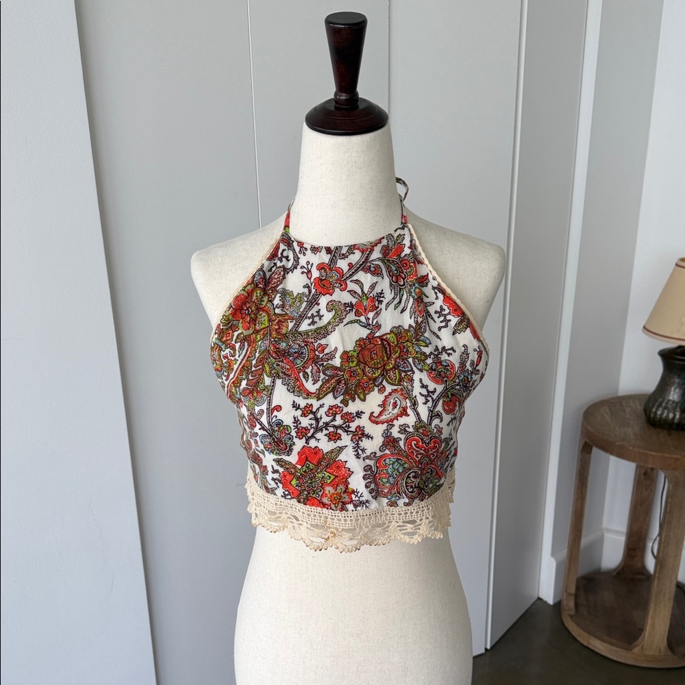 Cotton Candy Multicolor Paisley Halter Crop Top - White Base
